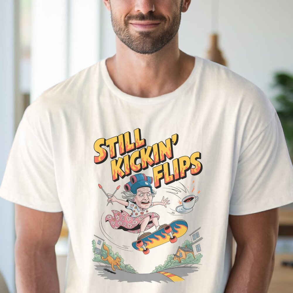 Still Kickin Flips Funny Grandma Skateboarding Graphic T Shirt Gift - Picture 4 of 6